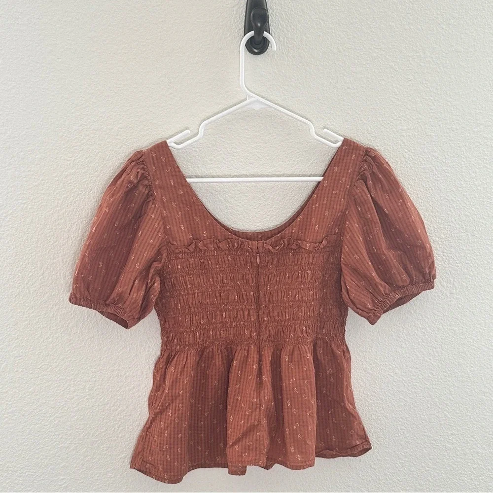 Madewell Smocked Peplum Top Womens 4 Rust Floral Puff Sleeve Square Neck